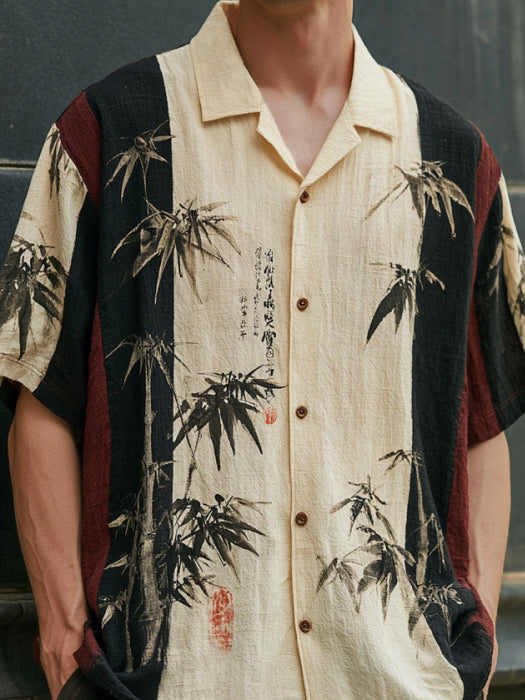 Men's Retro Japanese Style Bamboo Pattern Print Casual Linen Shirt