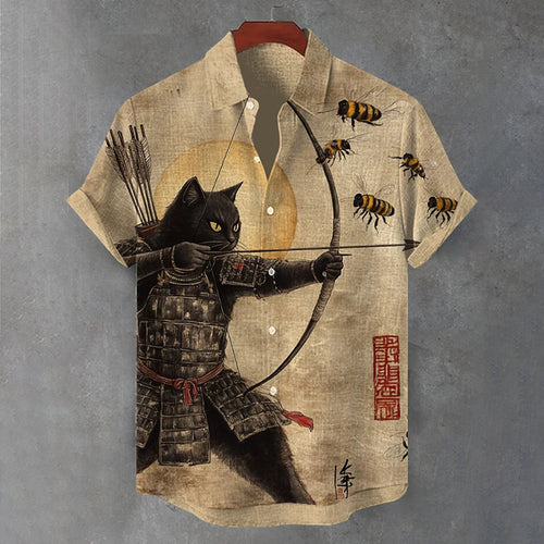 Men's Black Cat Tribal Warrior Japanese Kyudo Print Short Sleeve Shirt