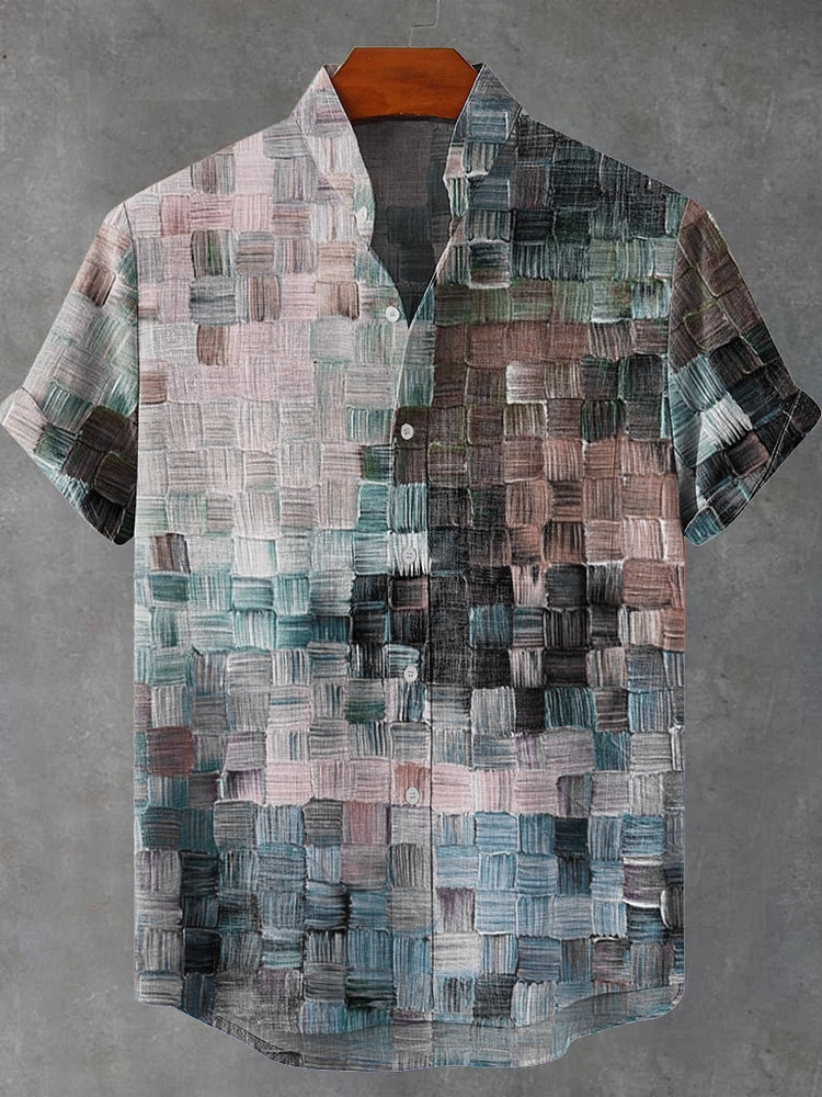 Oil Painting Style Lattice Vintage Art Print Casual Linen Shirt