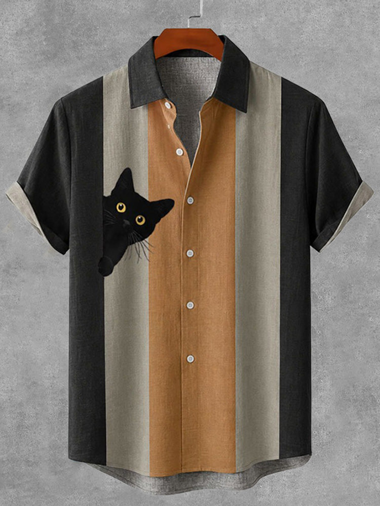 Men's Vintage Peeking Black Cat Contrast Stripes Art Casual Shirt