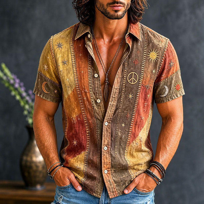 Men's Vintage Patchwork Peace Sign Sun Moon Star Art Print Linen Shirt