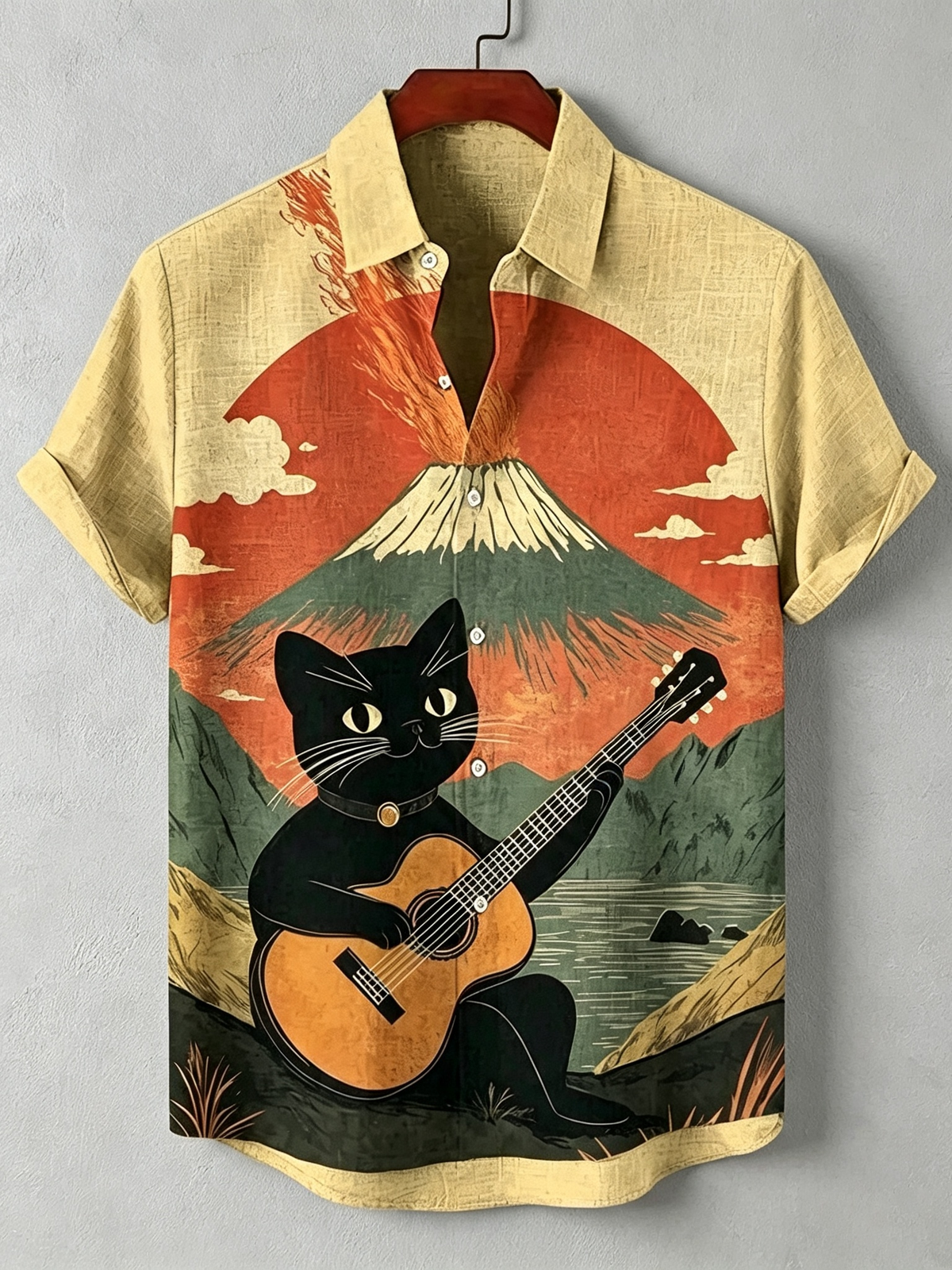 Men's Japanese Art Black Cat Playing Guitar Print Casual Shirt