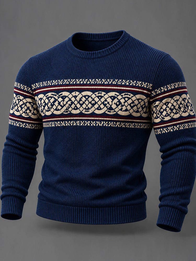 Men's Vintage Norse Navy Celtic Knot Nordic Fair Isle Crewneck Sweater