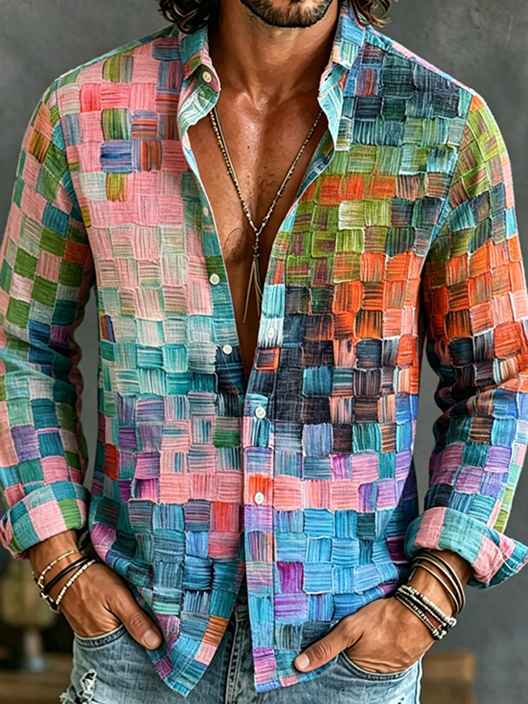 Vintage Oil Painting Style Lattice Art Print Casual Linen Shirt