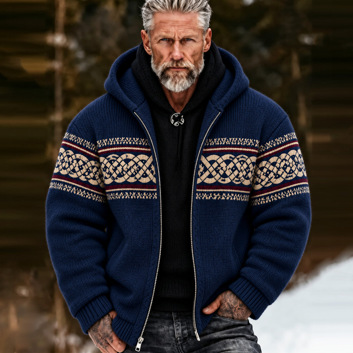 Men's Vintage Norse Navy Celtic Knot Nordic Pattern Zip Up Hooded Sweater Coat