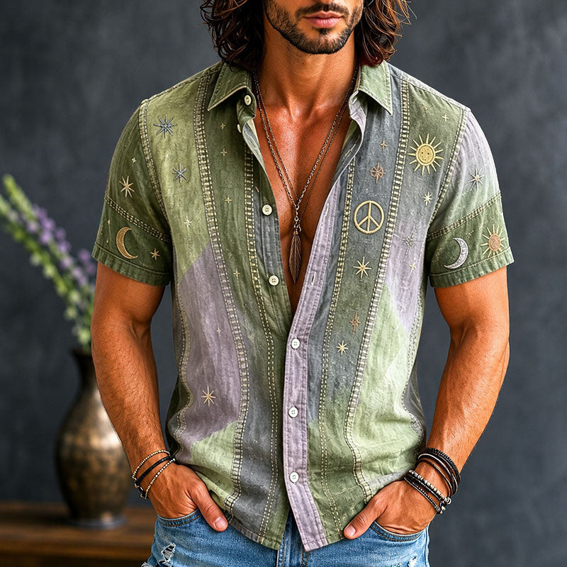 Men's Vintage Patchwork Peace Sign Sun Moon Star Art Print Linen Shirt