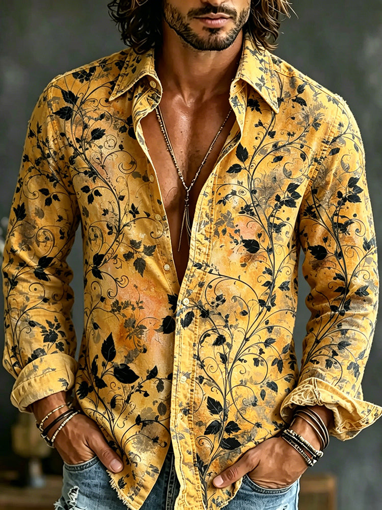Men's Retro Floral Art Print Linen Casual Shirt