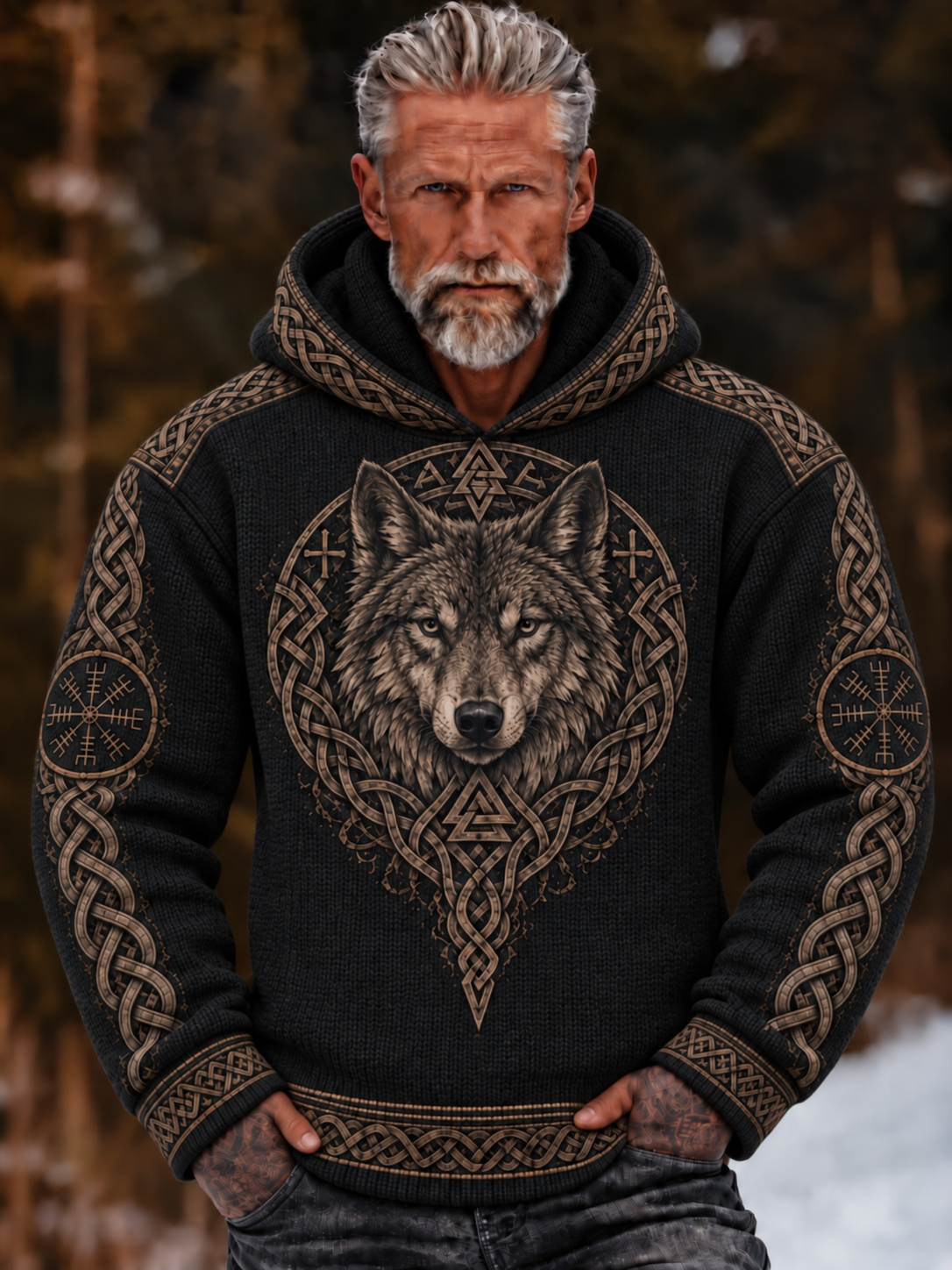 Men's Viking Tribal Wolf Celtic Printed  Knit Hooded Sweater