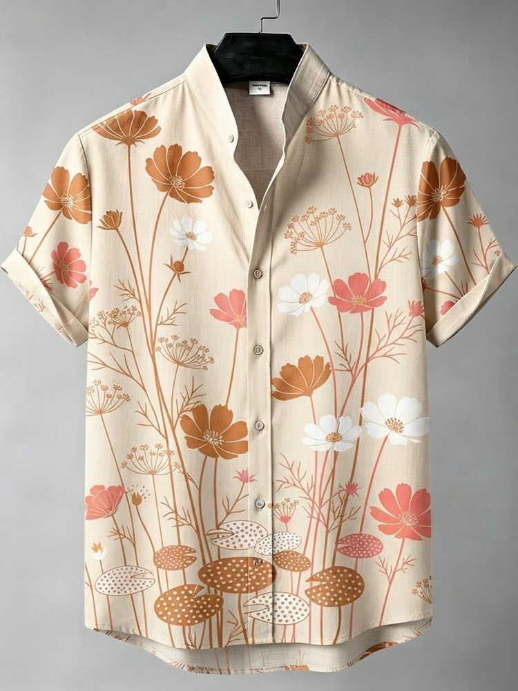 Men's Beige Wildflowers And Lily Pad Botanical Print Short Sleeve Shirt