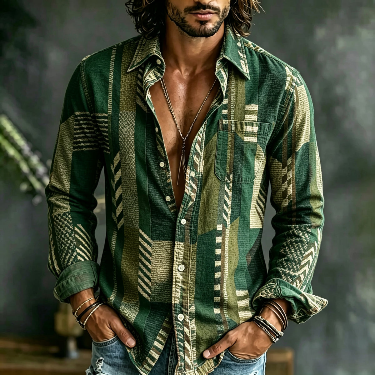 Men's Retro Geometric Art Print Linen Blend Long-sleeve Shirt