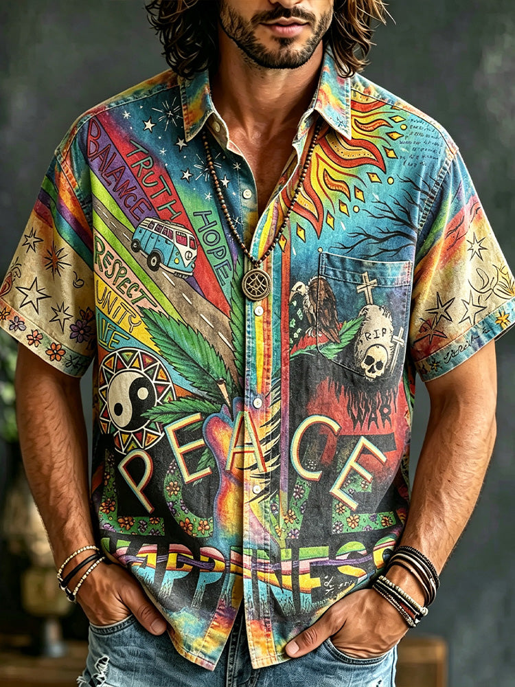 Retro Hippie Rainbow Peace Psychedelic Art Linen Short-sleeved Shirt