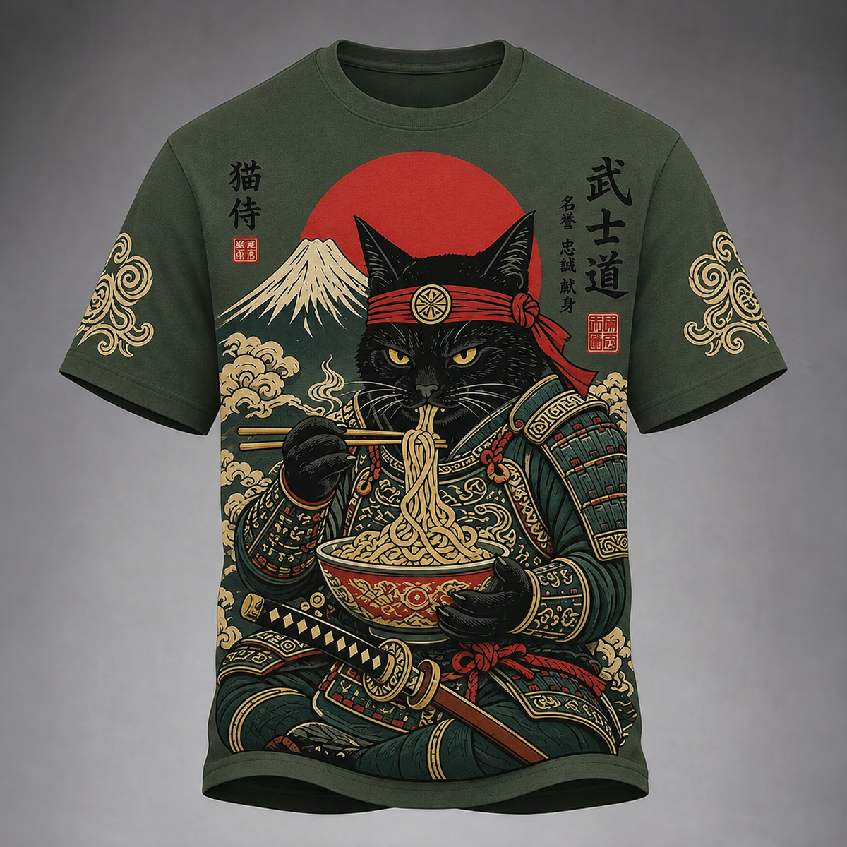 Men's Black Cat Samurai Eats Ramen Print Casual T-shirt