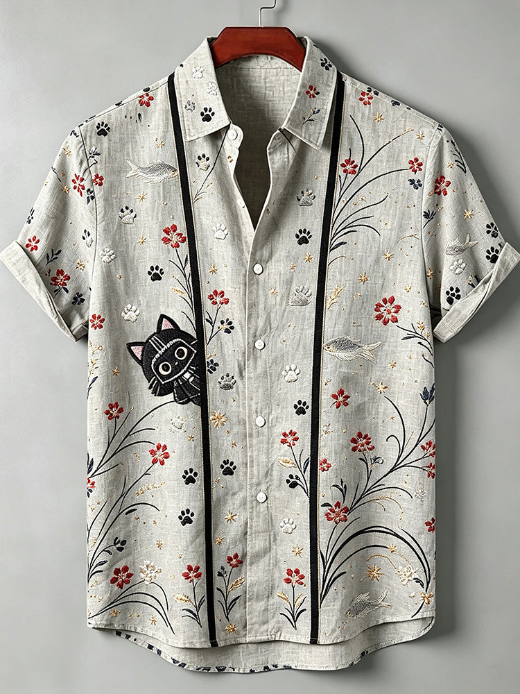 Men's Bohemian Floral Black Cat Embroidery Linen Shirt