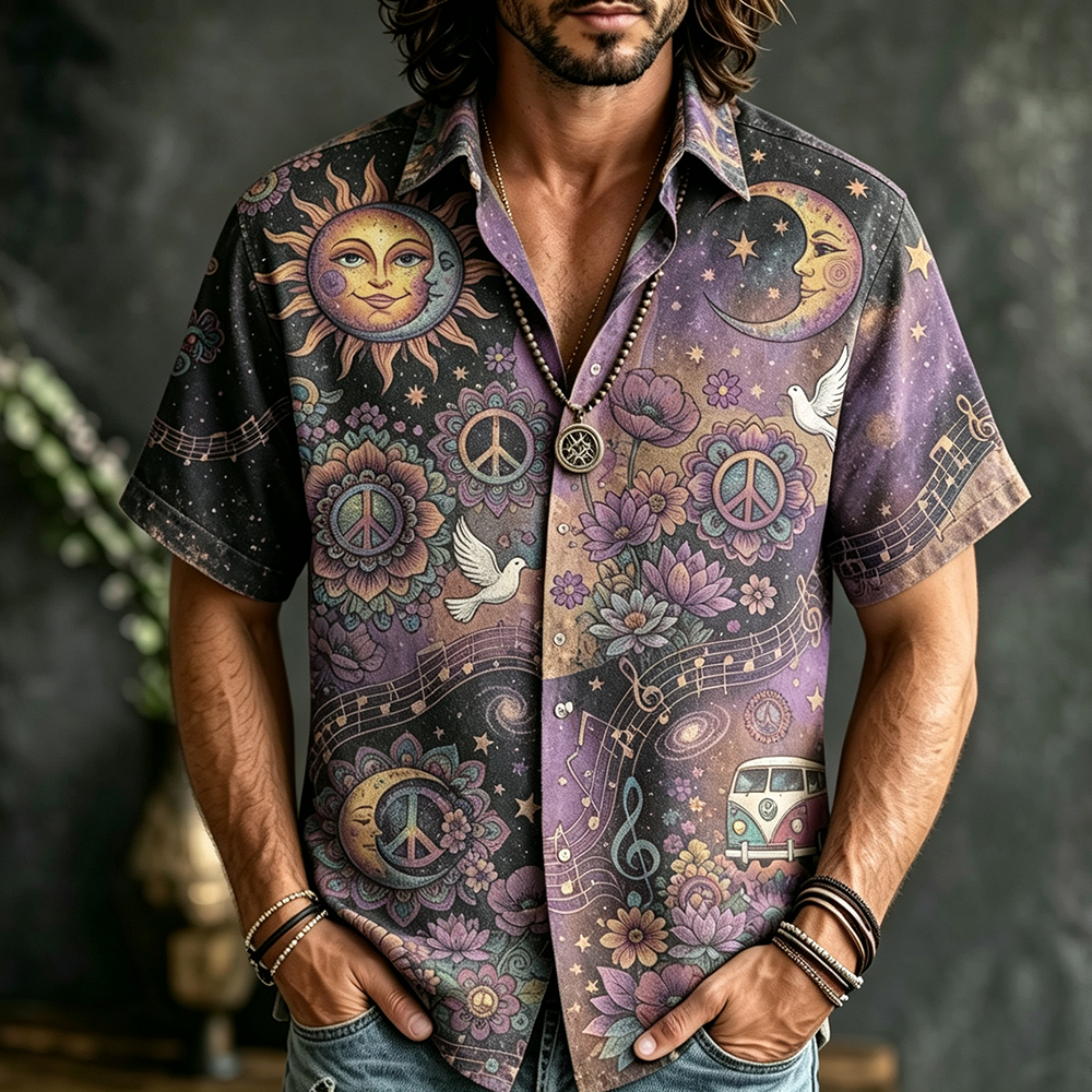 Men's Short-sleeve Button-down Shirt With Sun, Moon, Peace Sign, And Floral Psychedelic Print