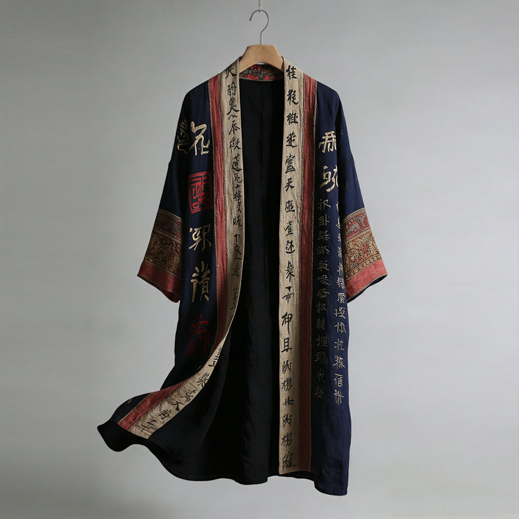 Men's Retro Calligraphy And Painting Art Linen Long Kimono
