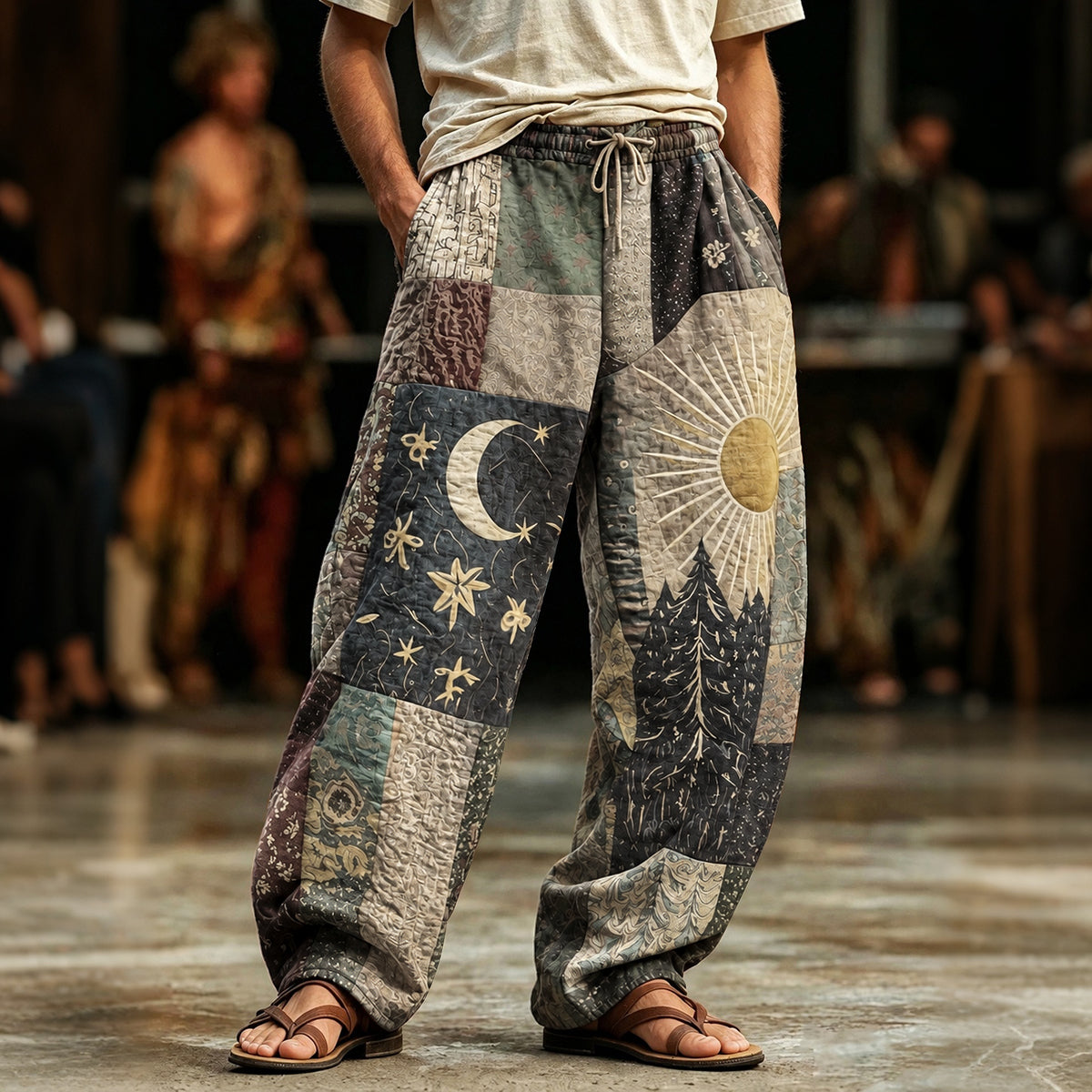 Men's Boho Sun And Moon Hippie Patchwork Art Print Loose Drawstring Waist Pants