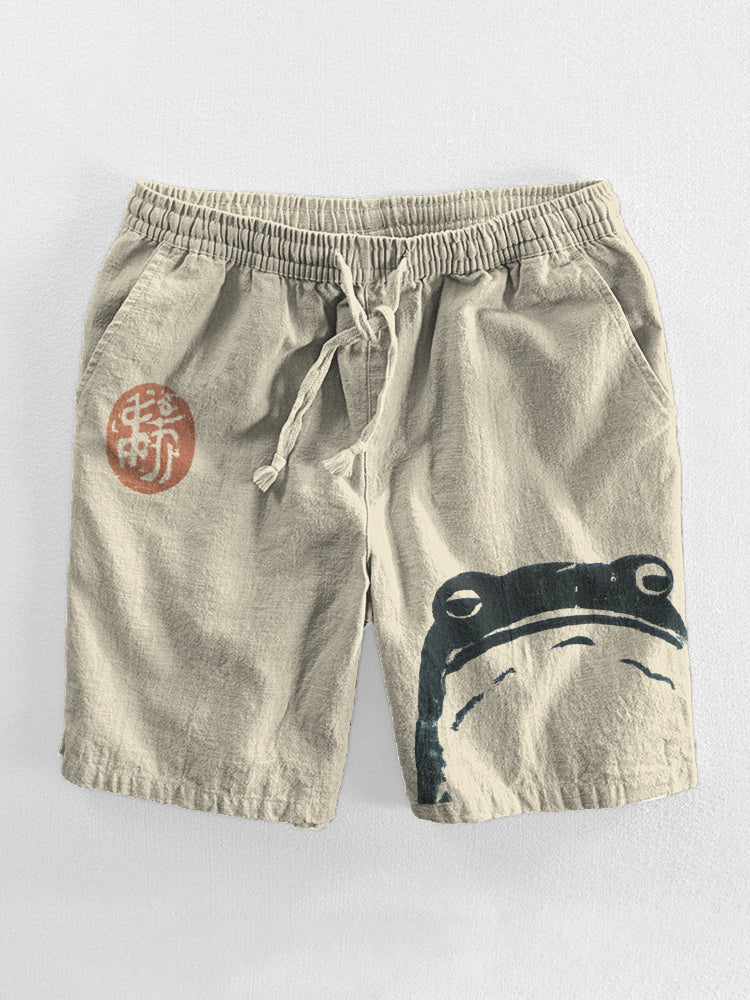 Japanese Art Frog Print Casual Cozy Linen Shorts