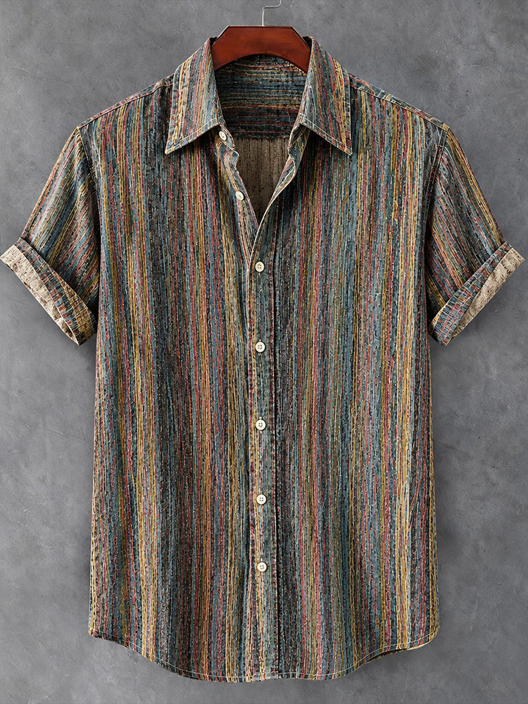 Men's Vintage Colorful Striped Art Print Casual Short Sleeve Shirt