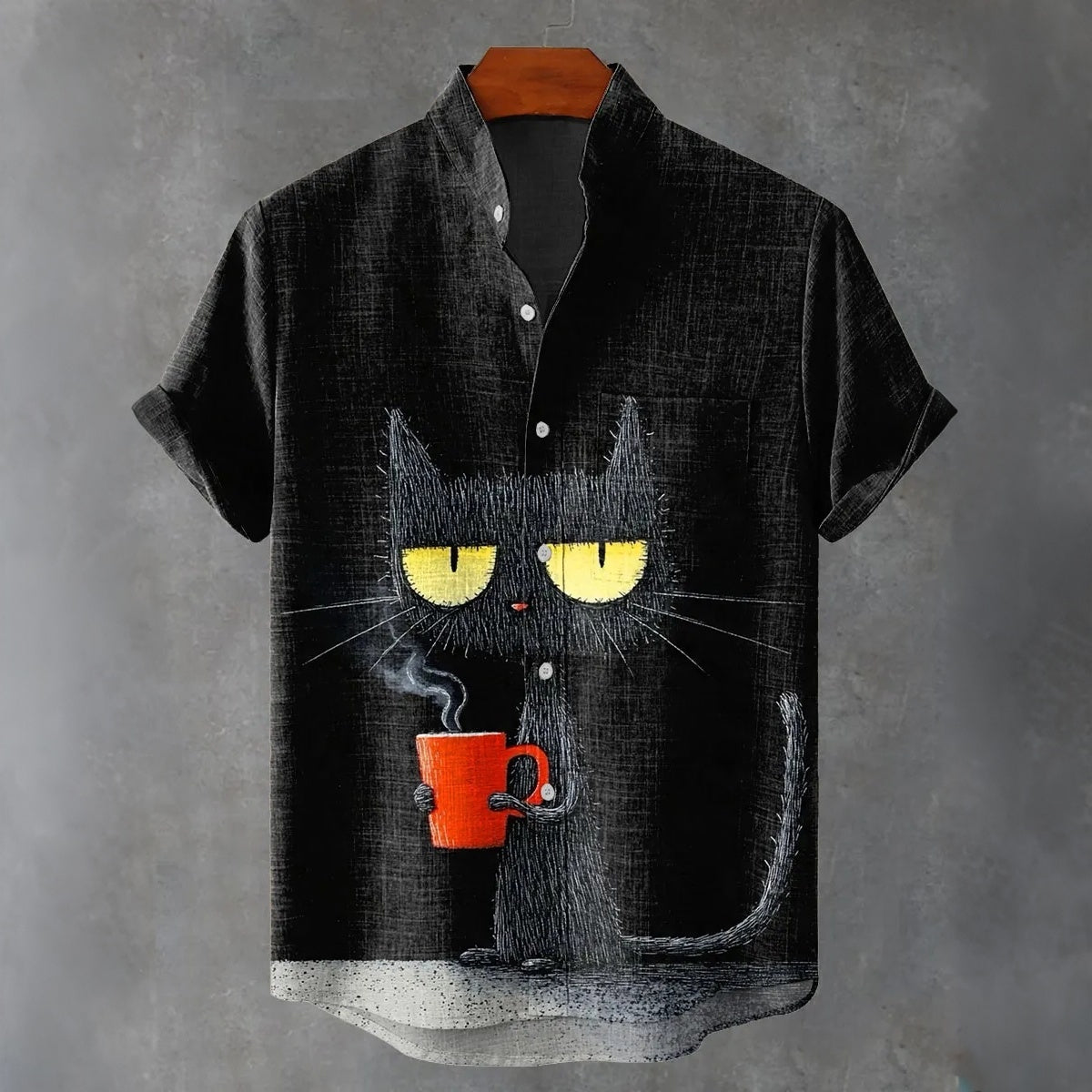 Men's Vintage Black Cat Art Print Casual Linen Shirt