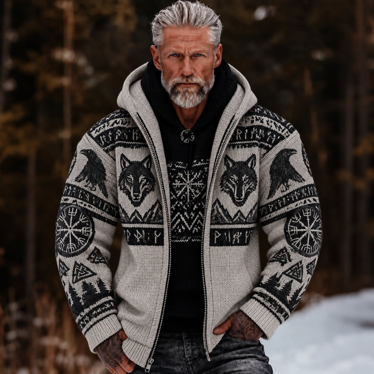 Men's Vintage Viking Celtic Wolf Pattern Art Printed Cozy Hooded Sweater