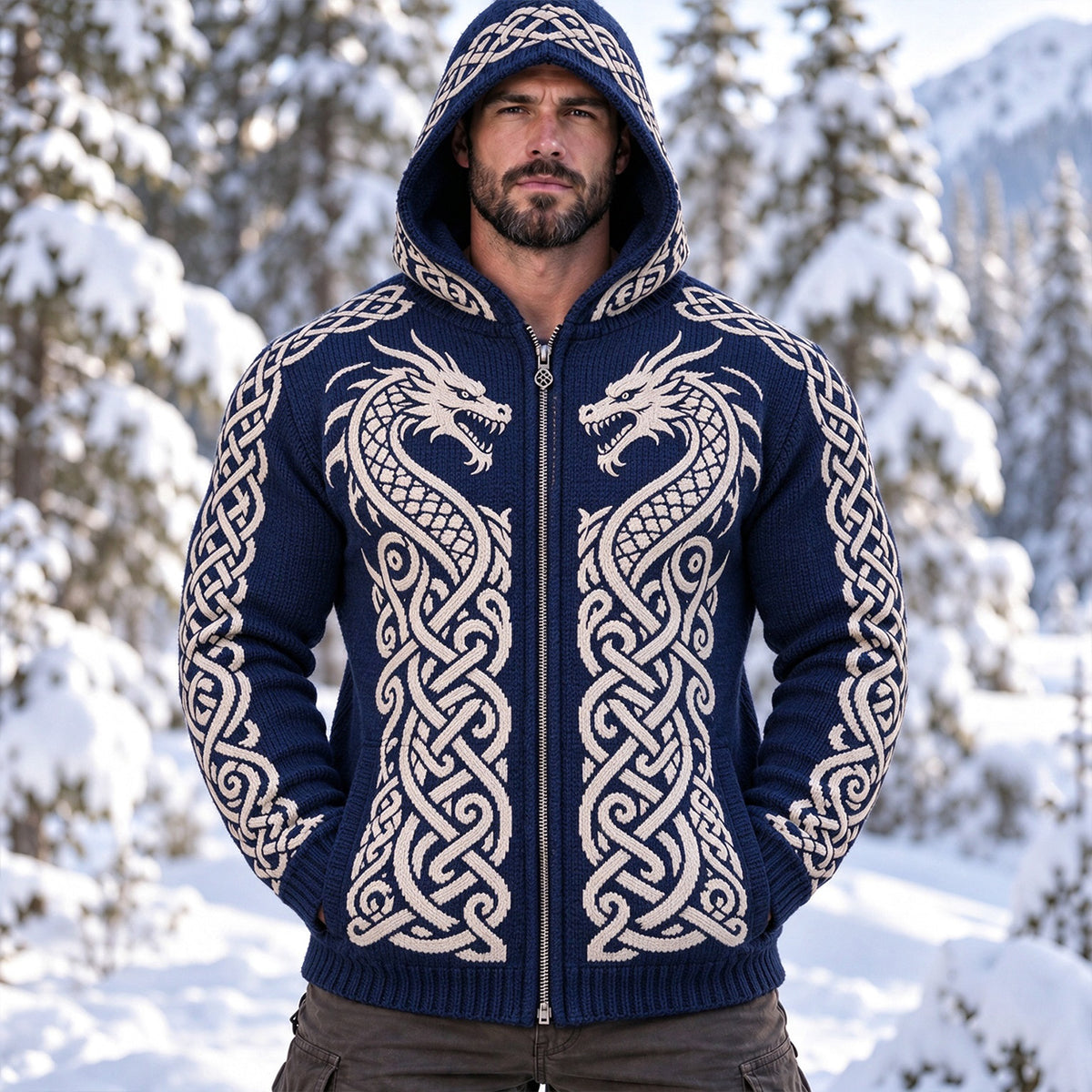 Men's Retro Viking Celtic Dragon Art Zip-up Cozy Hooded Sweater