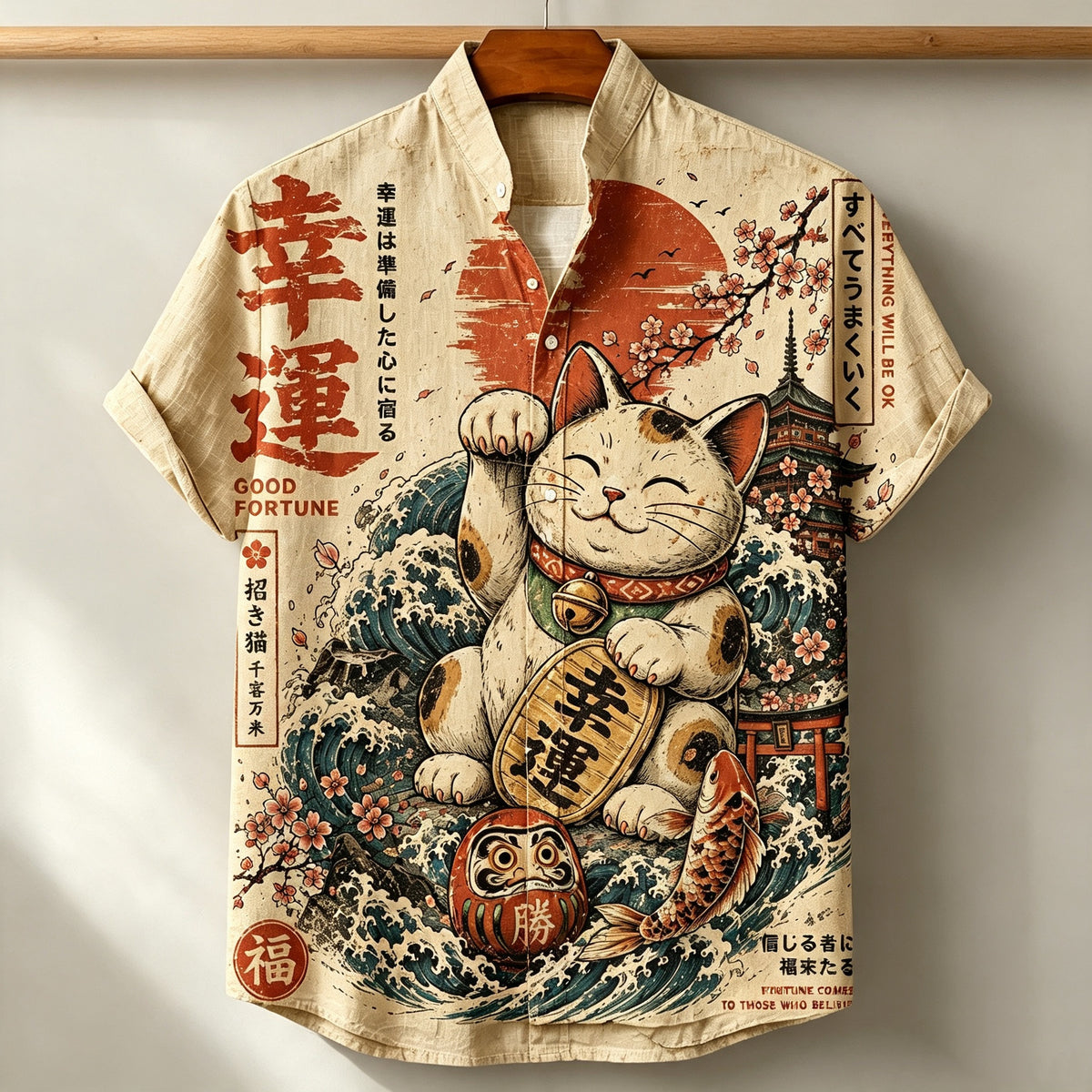 Men's Retro Japanese Art Lucky Cat Print Linen Shirt
