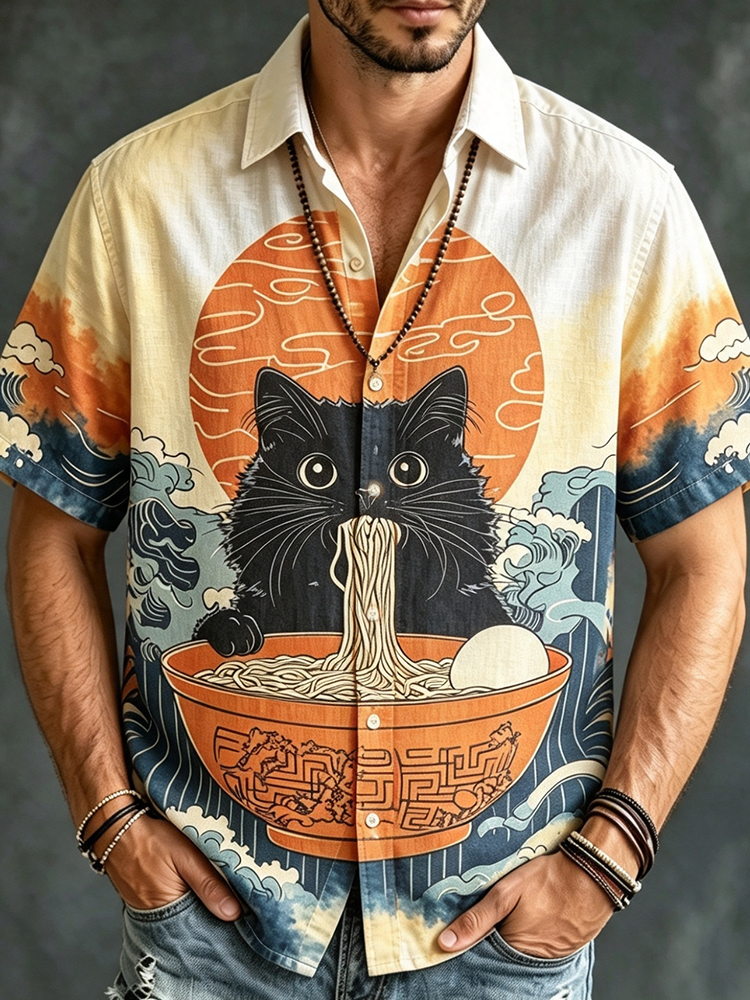 Men's Short-sleeve Button-up Shirt Featuring A Japanese-style Black Cat Eating Ramen With A Rising Sun Background