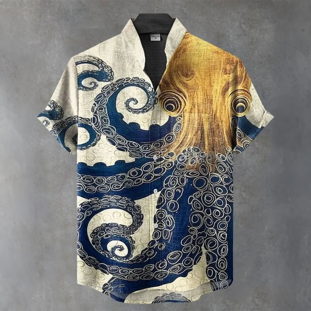 Men's Retro Art Octopus Print Linen Short-sleeve Shirt
