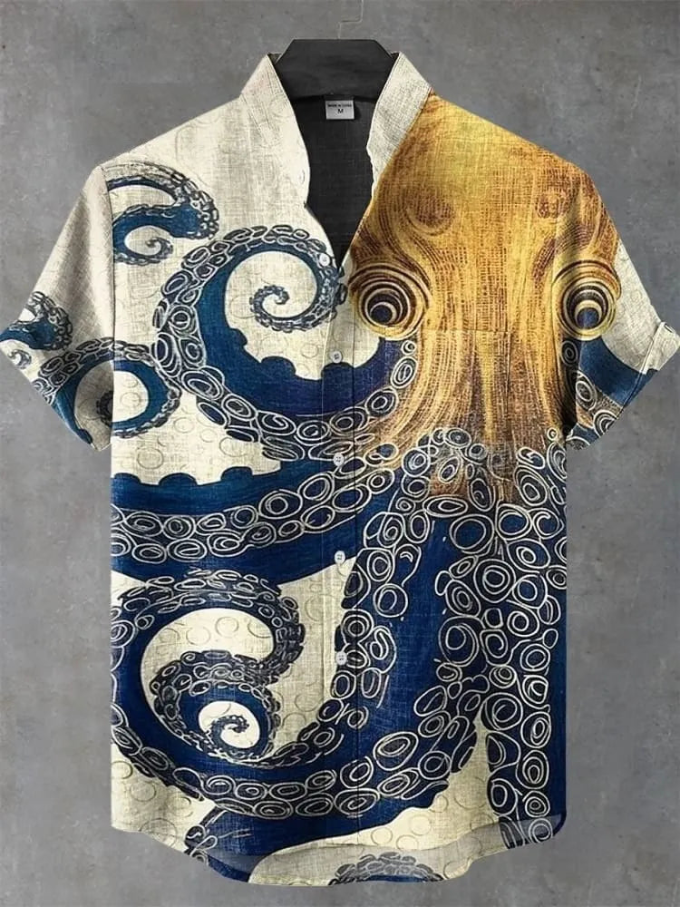 Men's Retro Art Octopus Print Linen Short-sleeve Shirt