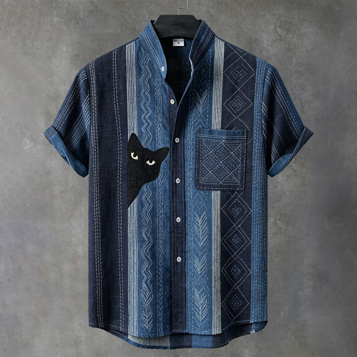 Men's Vintage Black Cat With Sashiko Embroidery Art Short Sleeve Shirt