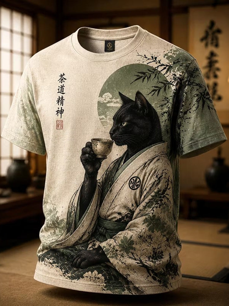Men's Black Cat Drinking Tea Japanese Tea Ceremony Art Print T-shirt