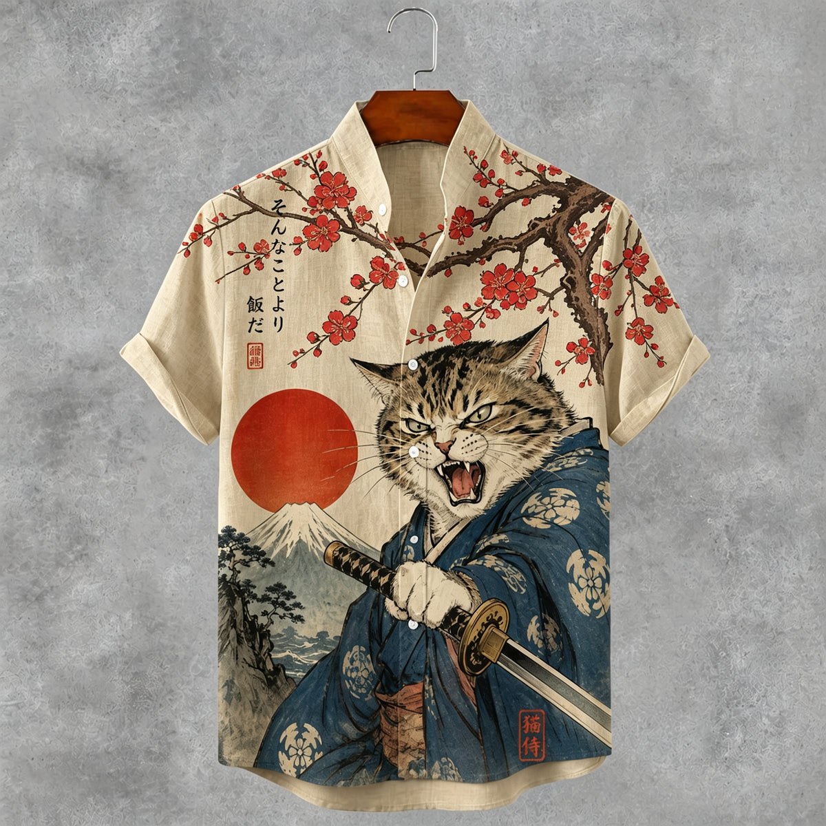 Men's Vintage Japanese Samurai Cat Plum Blossom Art Print Button Casual Linen Shirt
