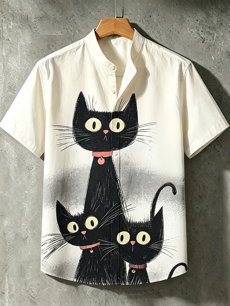 Men's Three Black Cats Print Shirt - Minimalist Graphic Short Sleeve Stand Collar Top