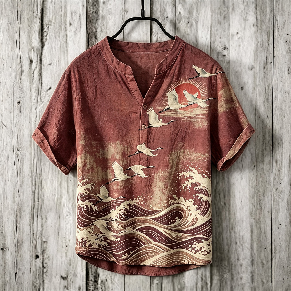 Men's Retro Japanese Art Ukiyo-e Crane And Wave Print Linen Top
