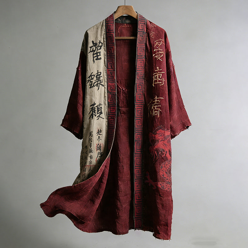 Men's Japanese Dragon Pattern Calligraphy And Painting Art Linen Long Kimono