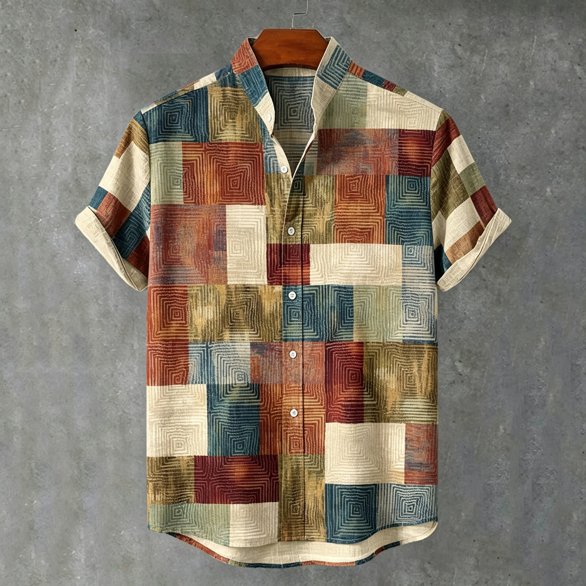 Men's Retro Casual Color Block Print Linen Short-sleeve Shirt