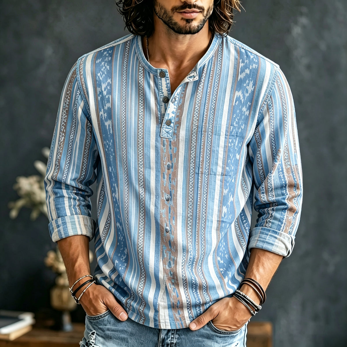 Men's Ethnic Retro Striped Print Long-sleeved Linen Top
