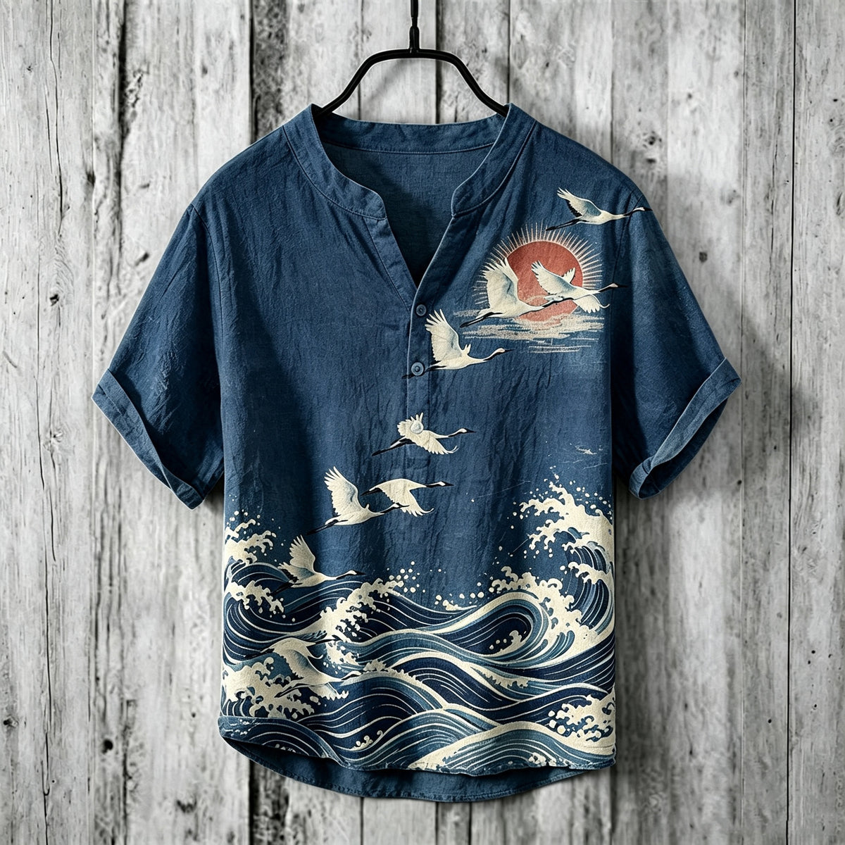 Men's Retro Japanese Art Ukiyo-e Crane And Wave Print Linen Top