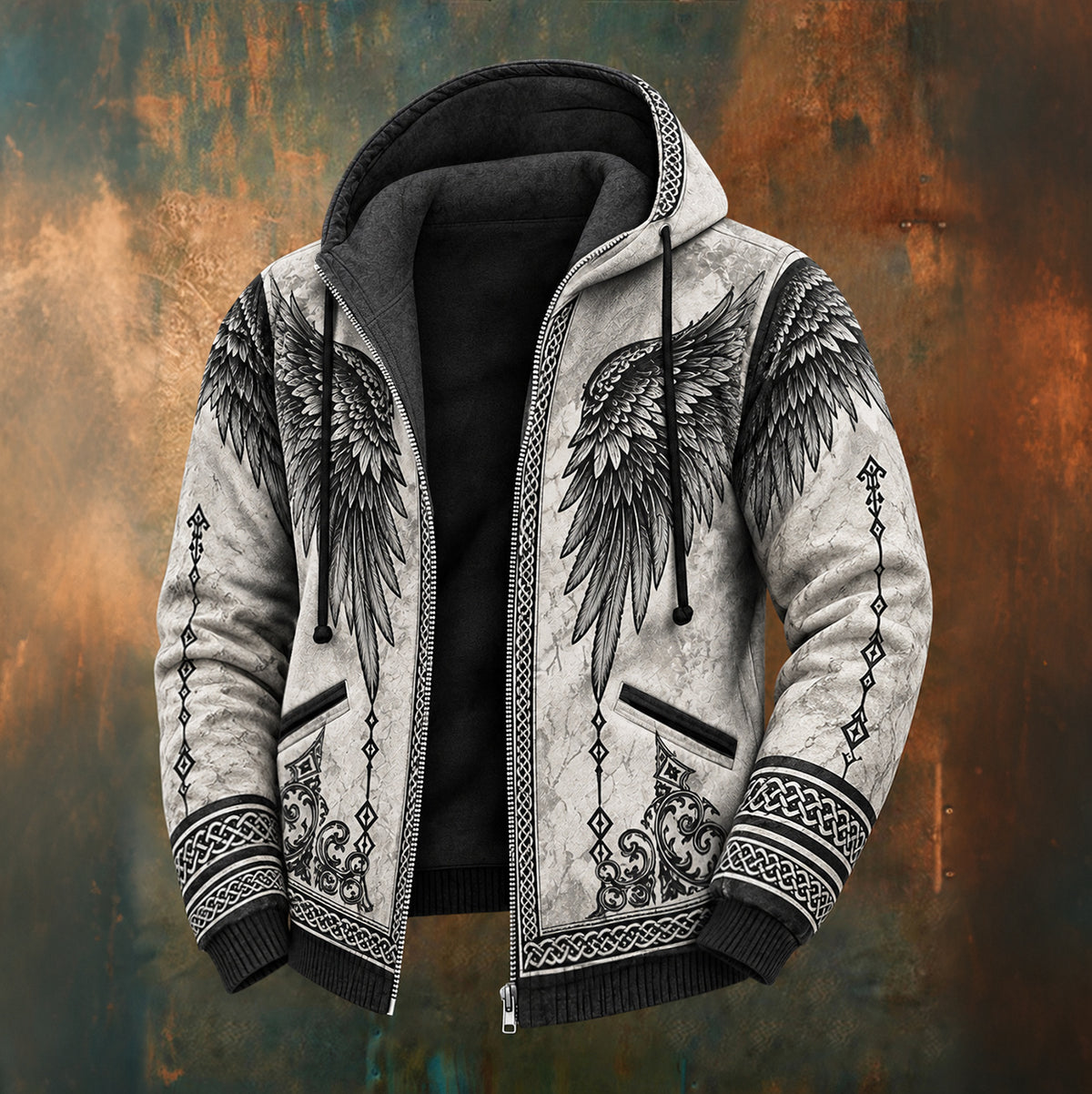 Men's Vintage Tribal Wings Pattern Casual Zip-up Hooded Sweatshirt