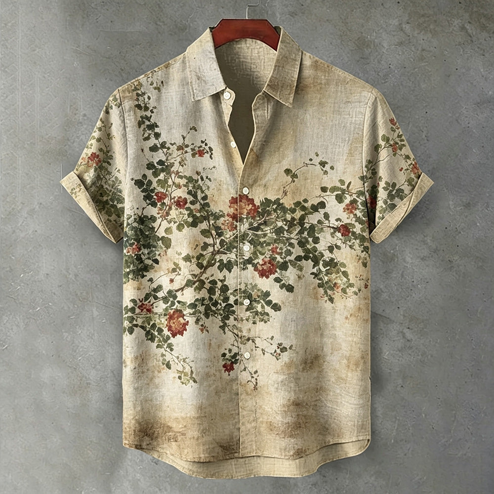 Vintage Japanese Floral Plant-dyed Casual And Linen Short-sleeved Shirt
