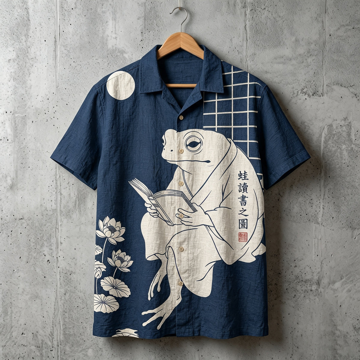 Men's Vintage Japanese Frog And Floral Art Print Short Sleeve Shirt