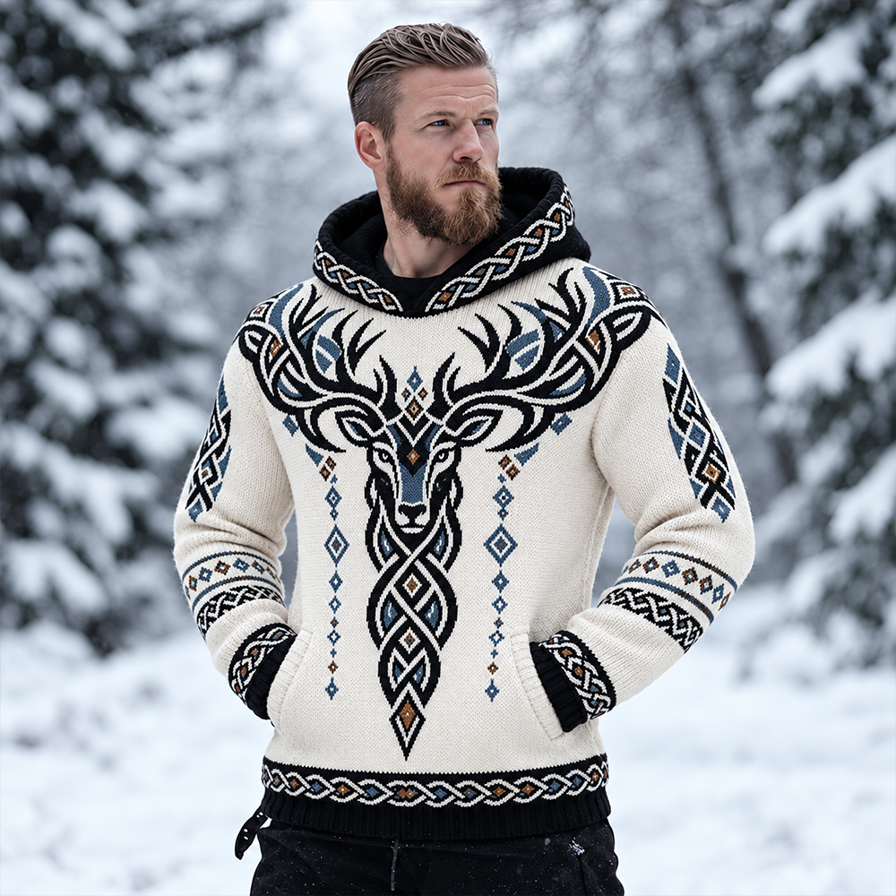 Men's Off-white Nordic Stag And Celtic Knotwork Hooded Knit Sweater