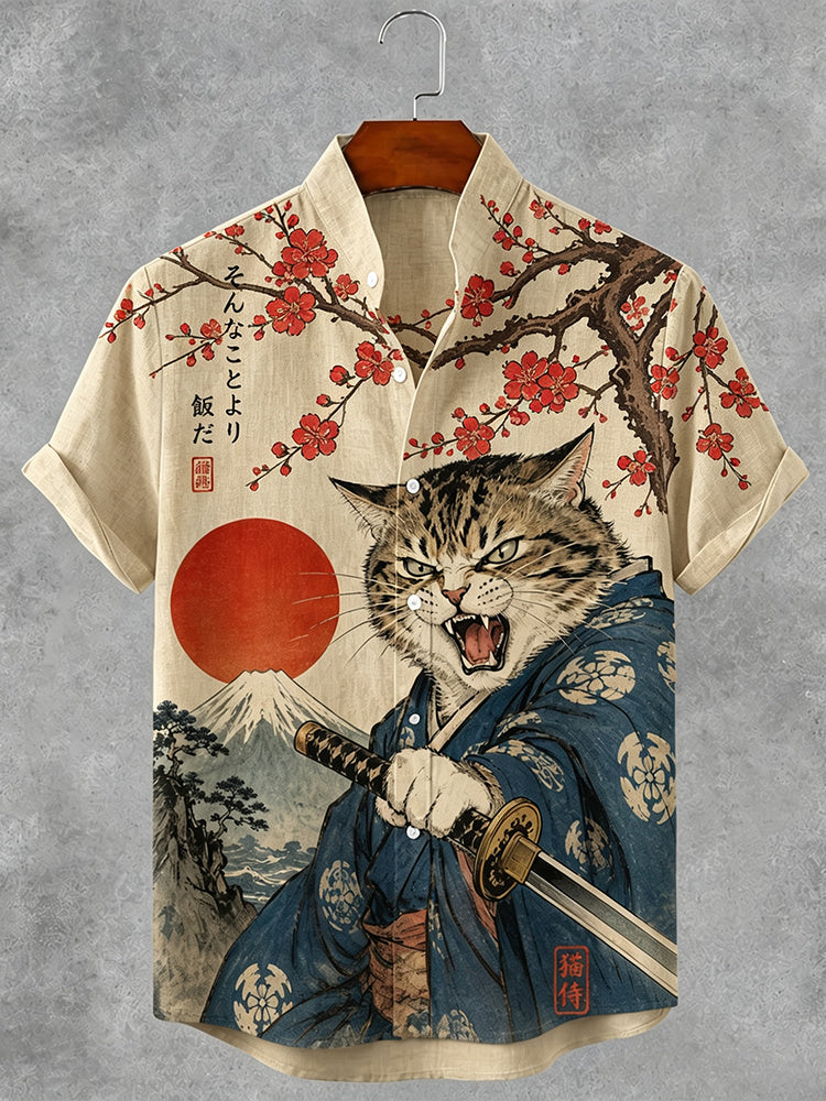 Men's Vintage Japanese Samurai Cat Plum Blossom Art Print Button Casual Linen Shirt