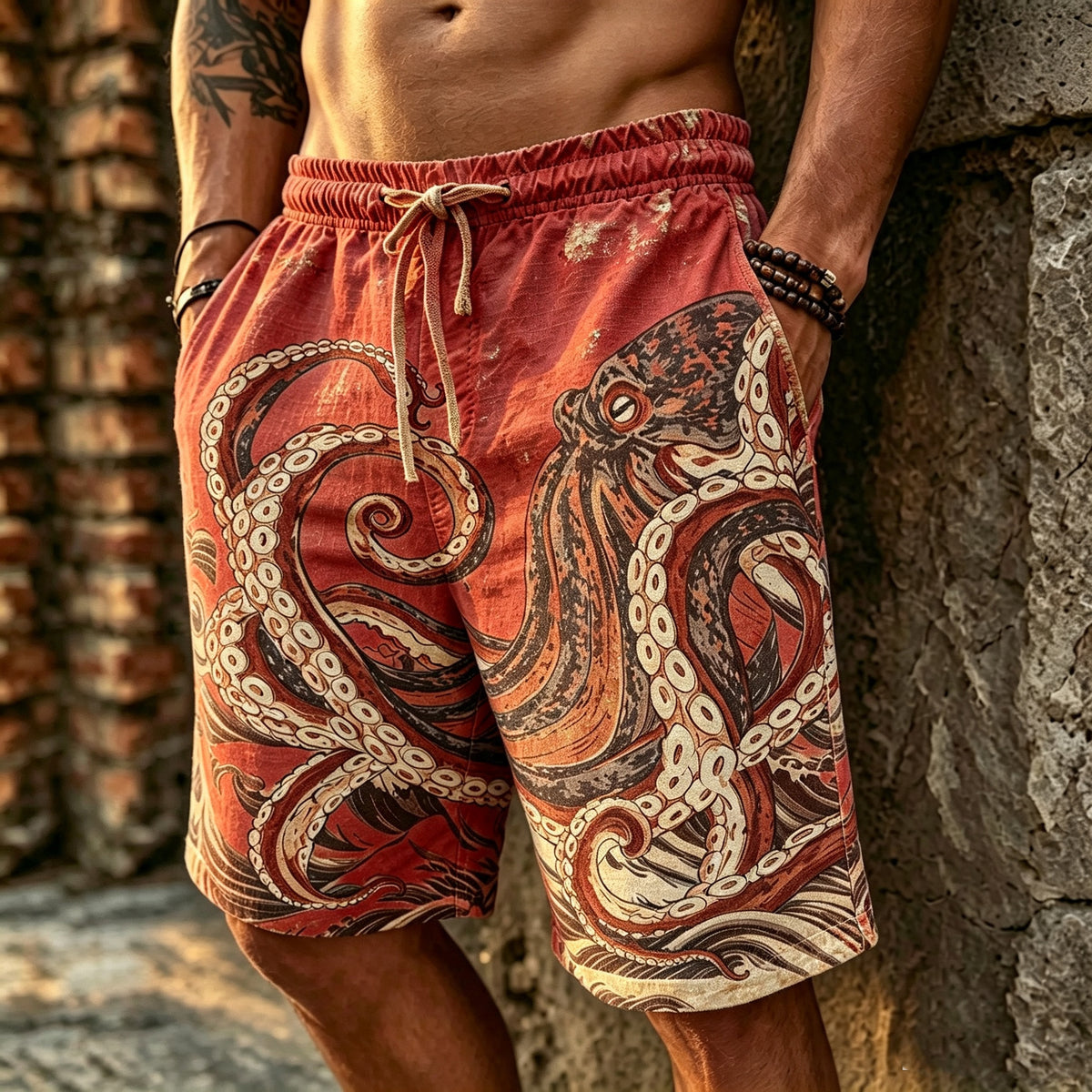 Men's Retro Japanese Art Octopus Print Linen Casual Shorts