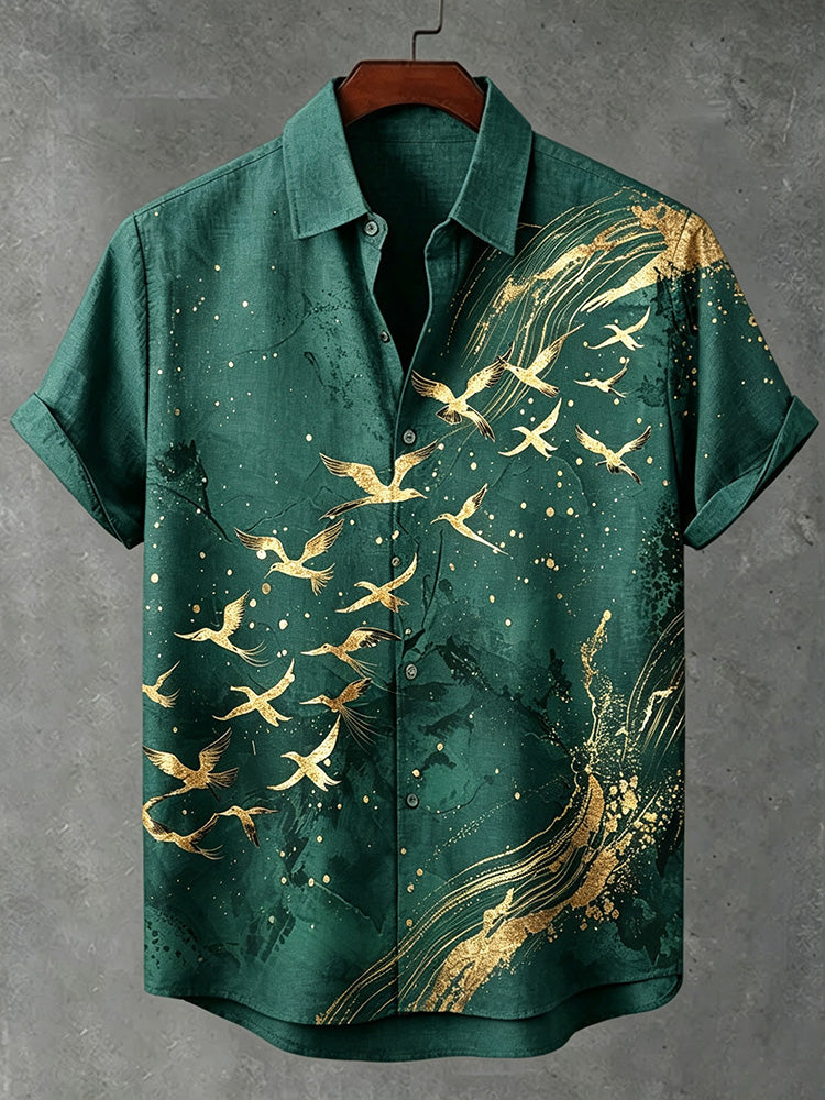 Men's Retro Japanese Crane Pattern Print Casual Linen Blend Shirt