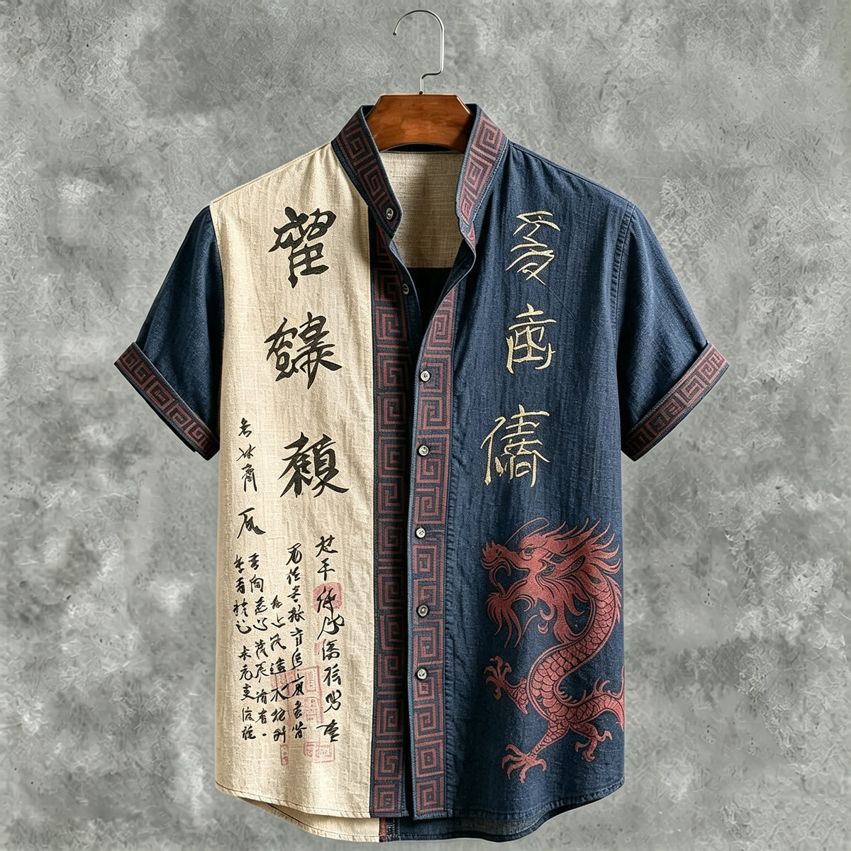 Men's Retro Japanese Calligraphy And Dragon Art Pattern Casual Linen Blend Shirt