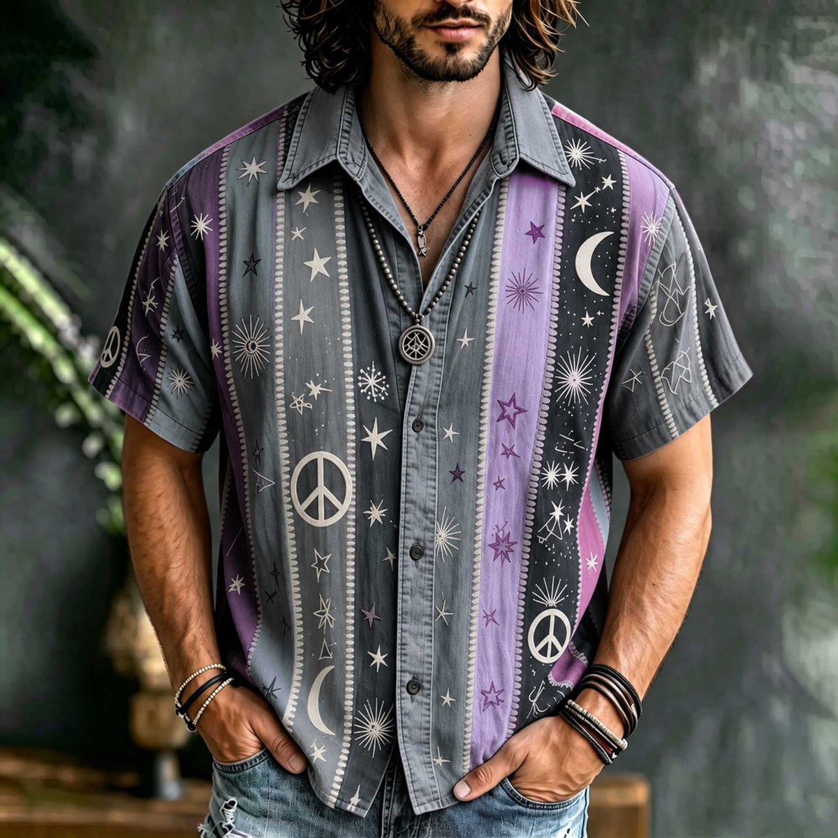 Vintage Hippie Stripe Patchwork Linen Shirt, 3d Embroidery Star & Crescent Casual Summer Short Sleeve Top