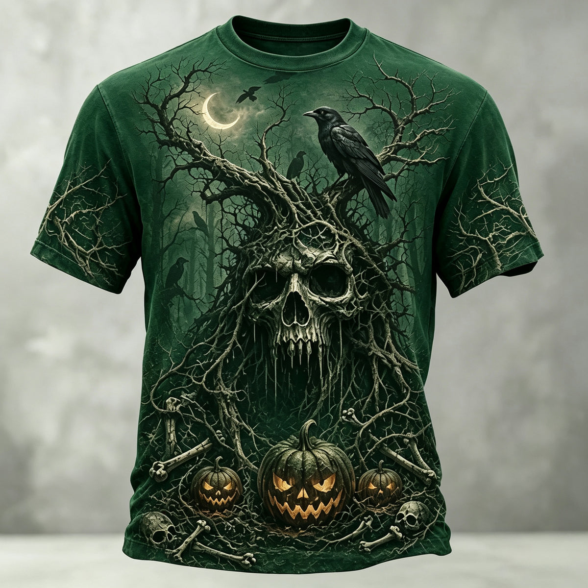 Men's Retro Halloween Skull And Pumpkin Print Casual T-shirt