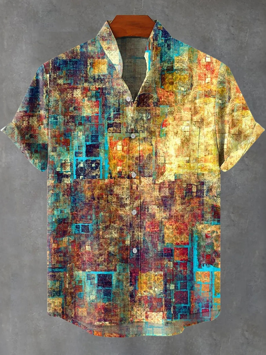 Men's Retro Distressed Mottled Art Linen Blend Short-sleeve Shirt