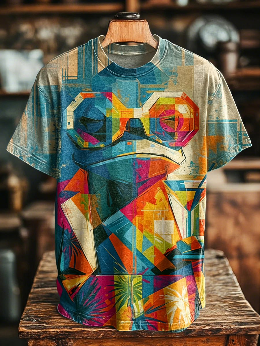 Men's Japanese-style Colorful Abstract Frog Art Pattern Casual T-shirt